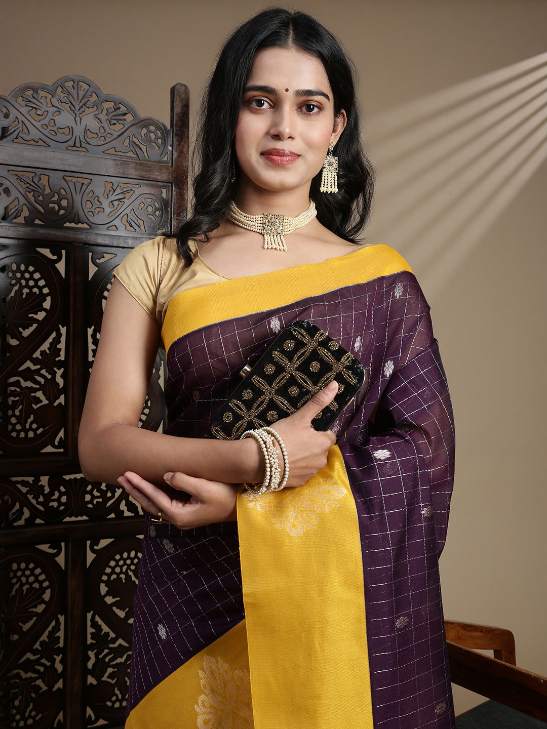 Women Kora Cotton Dark Purple Saree SK121