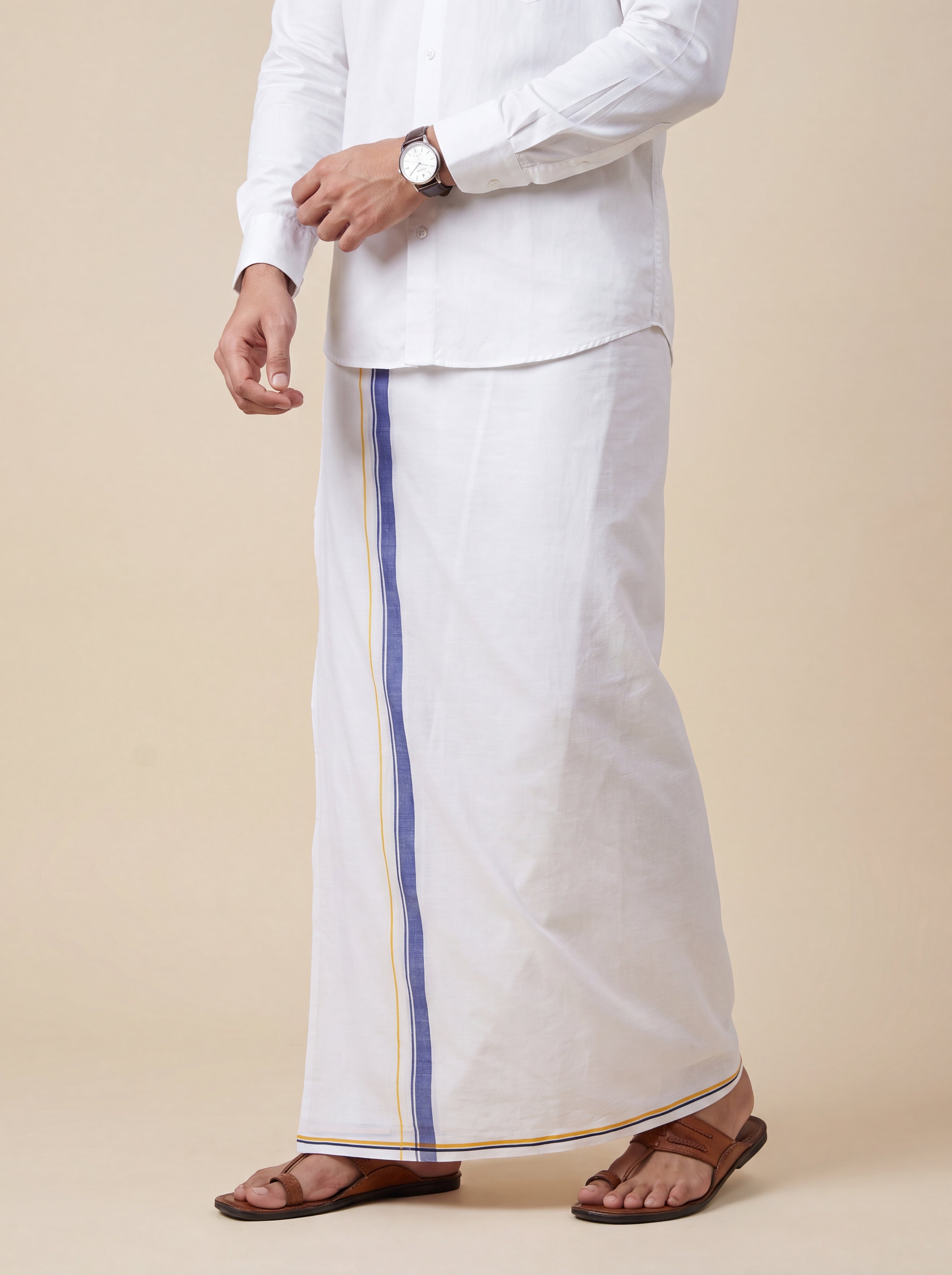 Men 100% Cotton Double Layer White Dhoti with Big Border Property PT02
