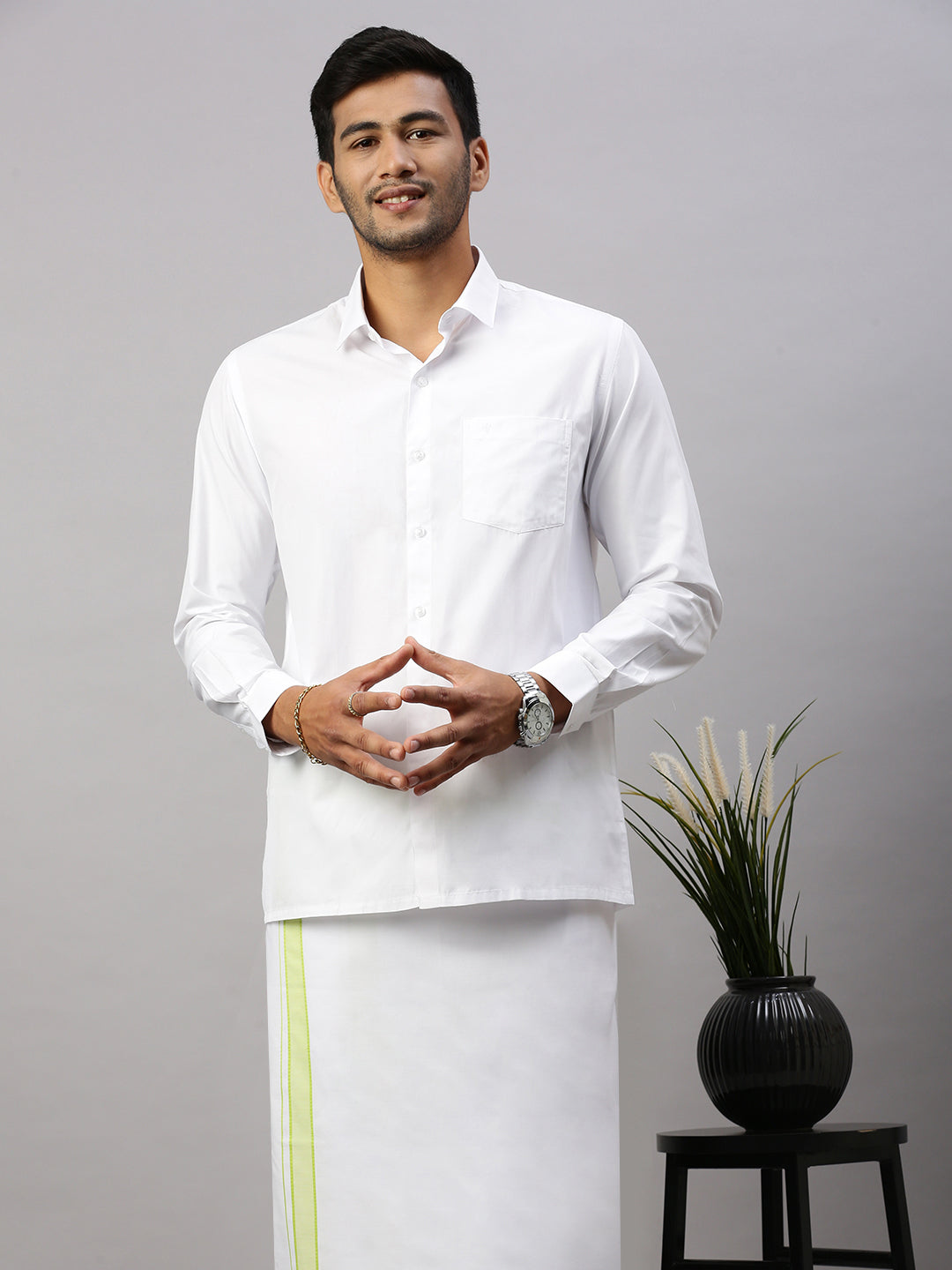 Men Cotton Blend Single Layer White Dhoti with Fancy Border WP20