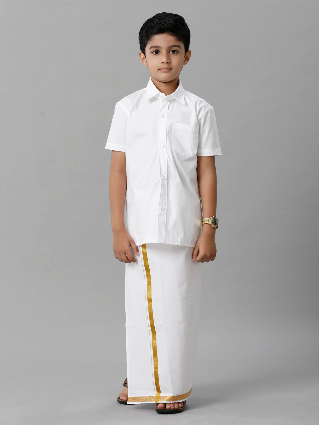 Boys Cotton Shirt with Dhoti Set White Half-Front view