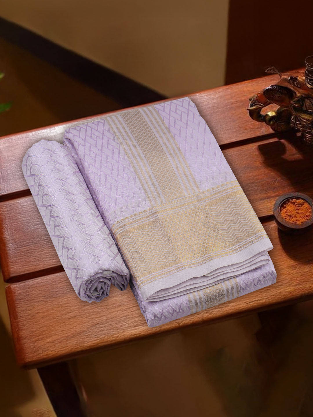 Men Art Silk Wedding Shirting Dhoti & Towel Set Violet Touch Tone TT25