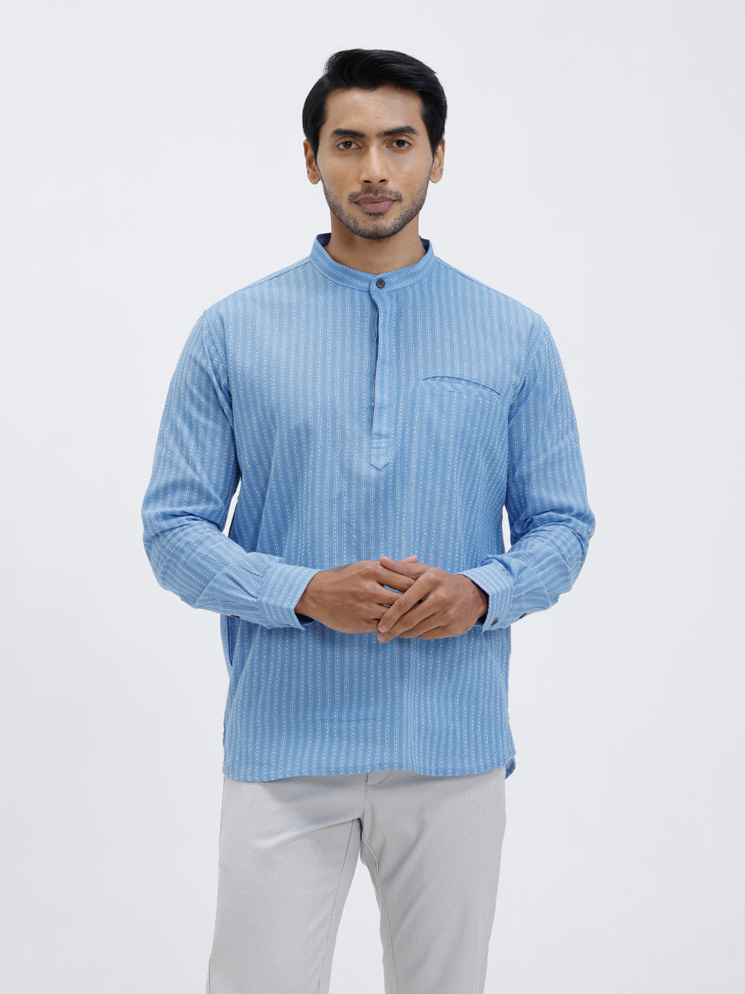 Men Cotton Short Length Striped Pocket Kurta Bright Blue RK59