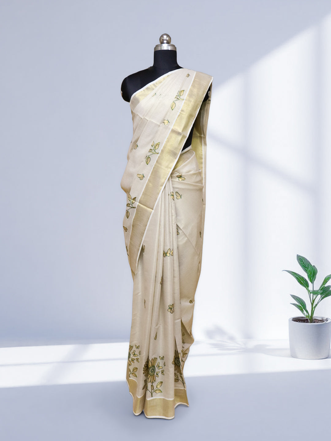 Women Kerala Tissue Gold Embroidery Saree KS214