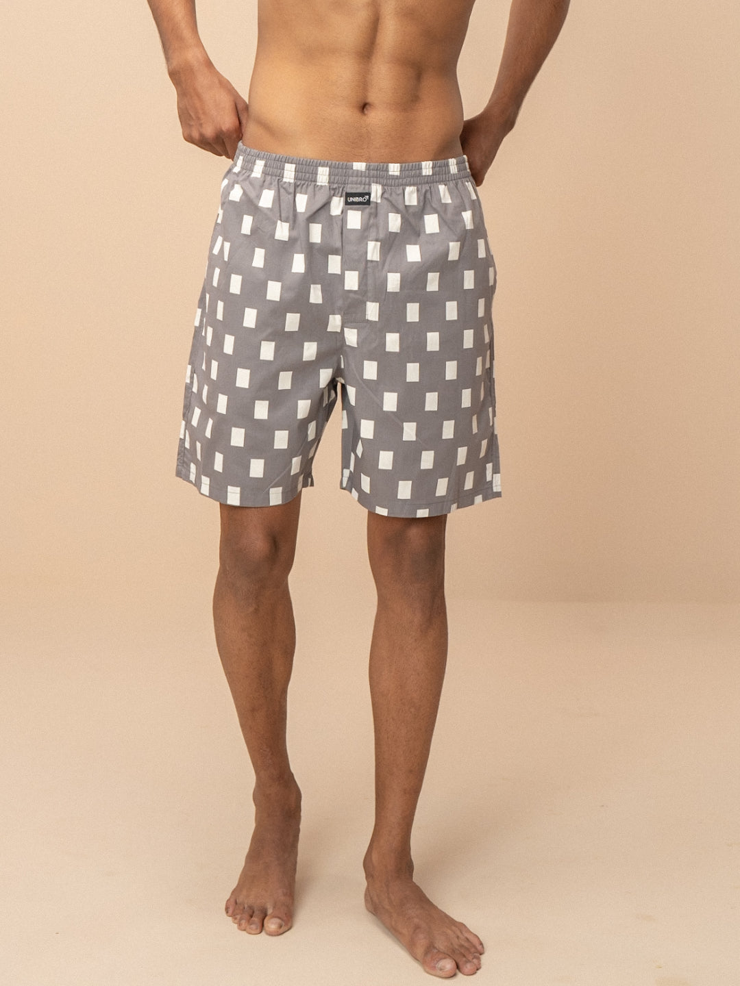 Men 100% Combed Cotton Grey Woven Printed Boxer Long Shorts WB47