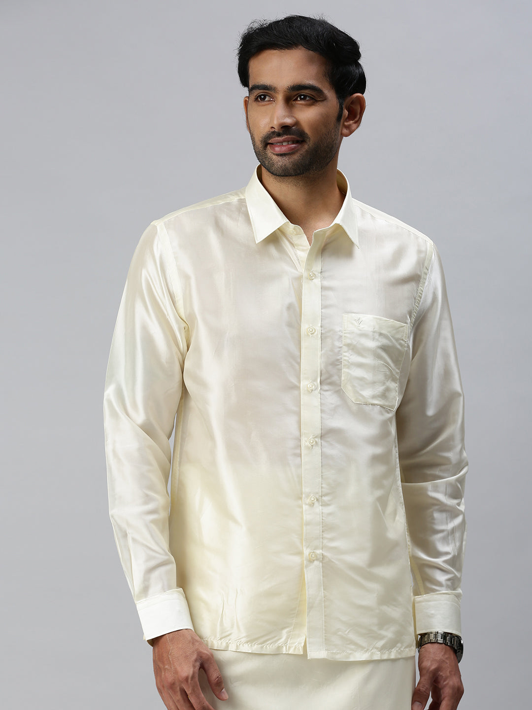 Mens Pure Silk Cream Shirt Full Sleeves with Readymade Dhoti Combo-Side view
