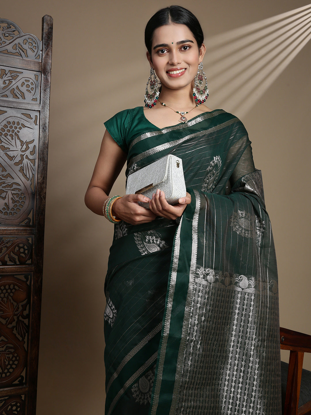 Women Dark Green Kora Cotton Saree SK99