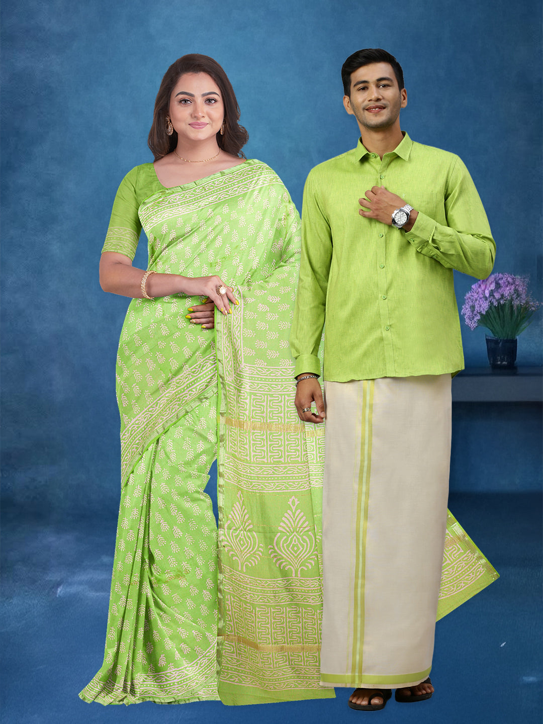 Couple Combo Shirt & Dhoti Set with Saree Light Green SC71