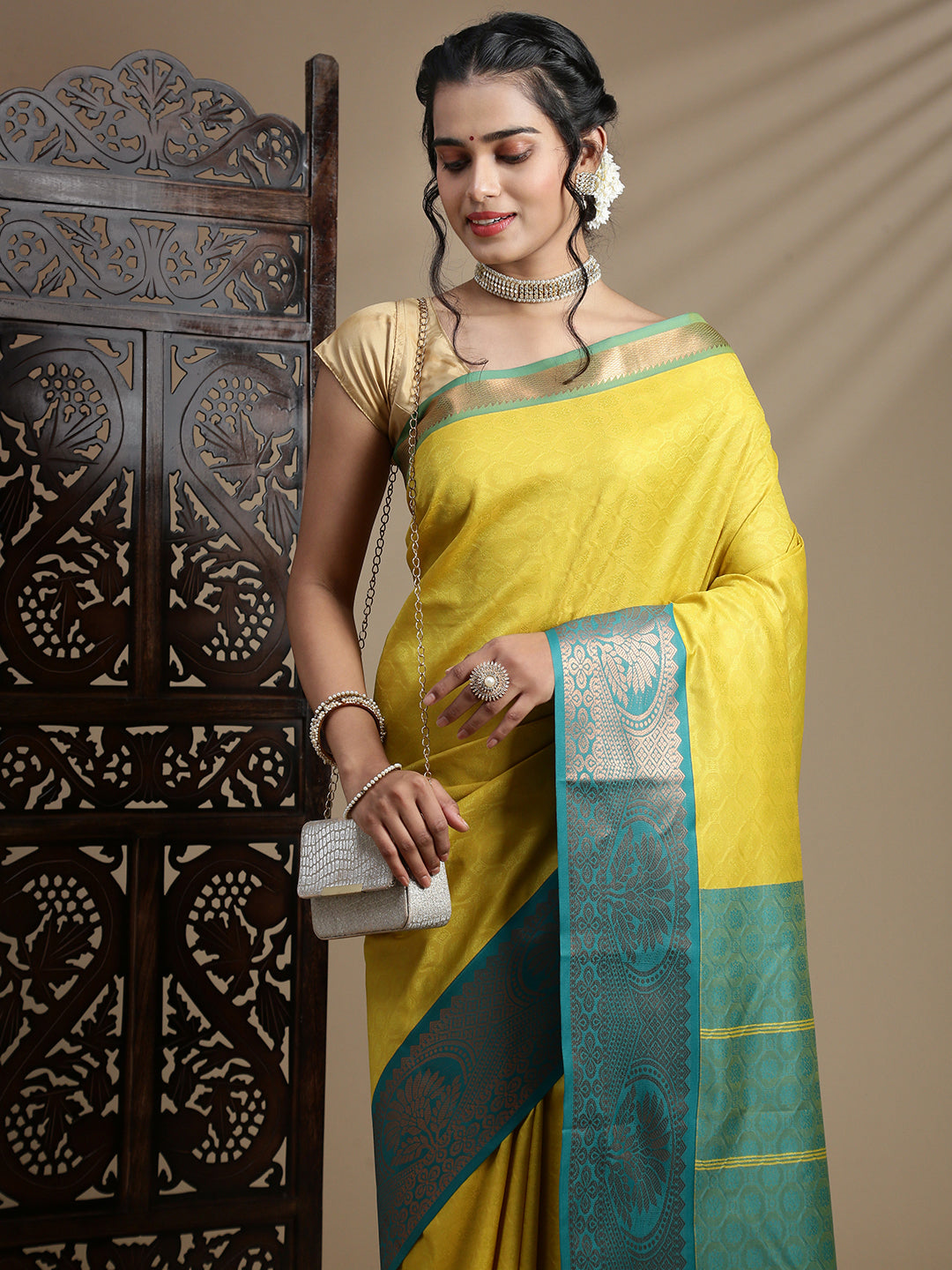 Women Yellow with Green Art Silk Saree ASS113