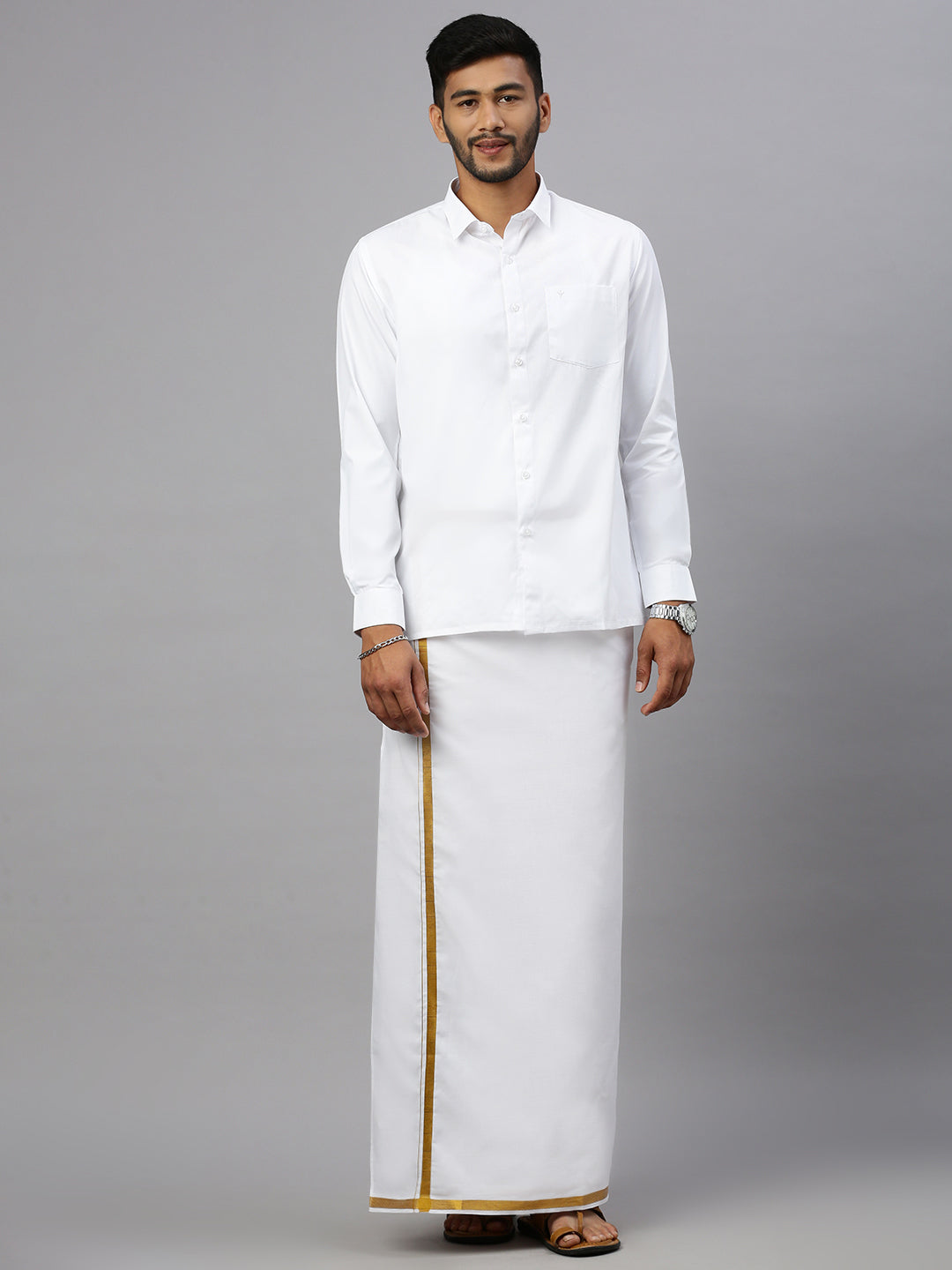 Mens Double Dhoti White with Gold Jari 3/4" Good Will