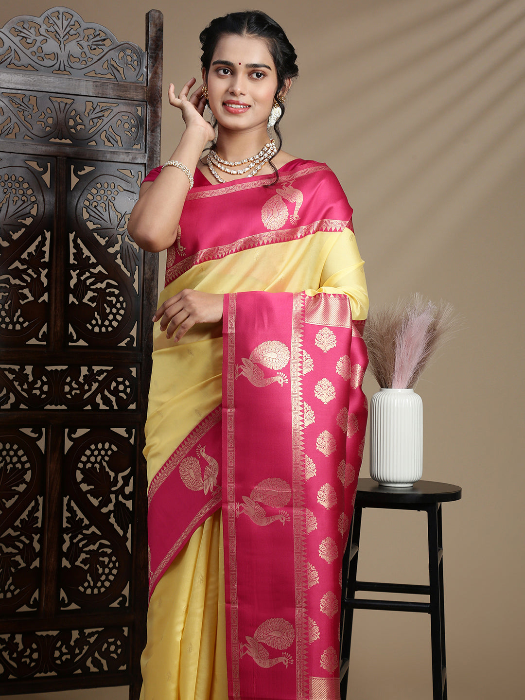 Women Yellow with Pink Border Soft Silk Saree SS392