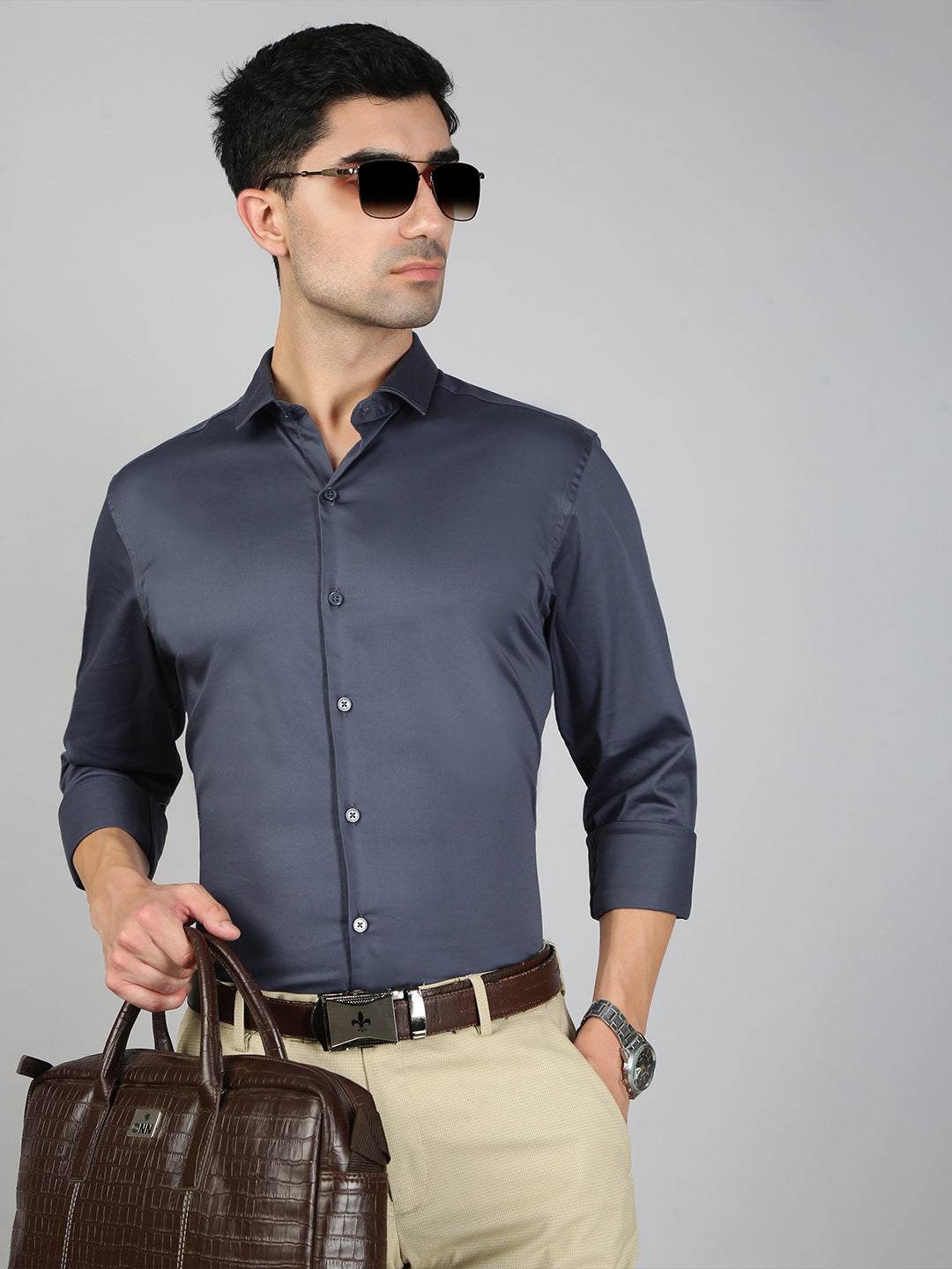 Men Stretch Cotton Shirt Greyish Blue FS31