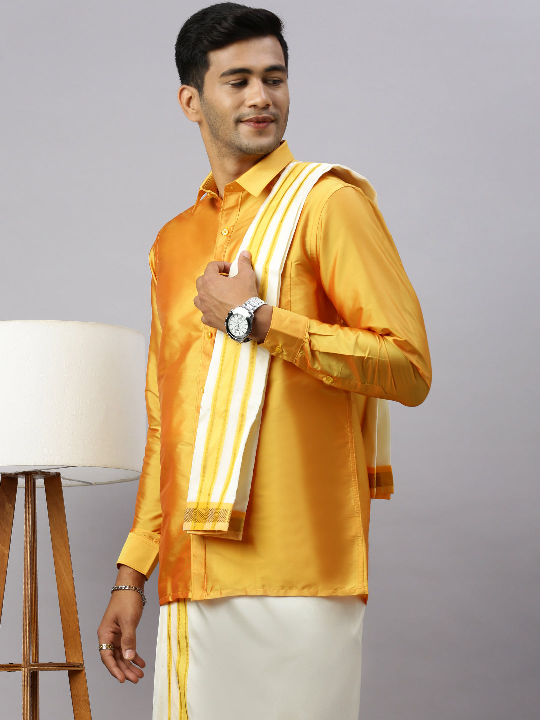 Men Full Sleeves Golden Yellow Shirt with Matching Border Cream Dhoti & Towel Set K6