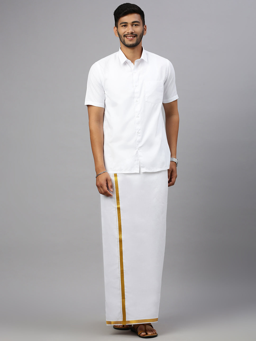 Men Formal Half Sleeve White Shirt with 1'' Inch Gold Jari Border Single Layer Dhoti Combo