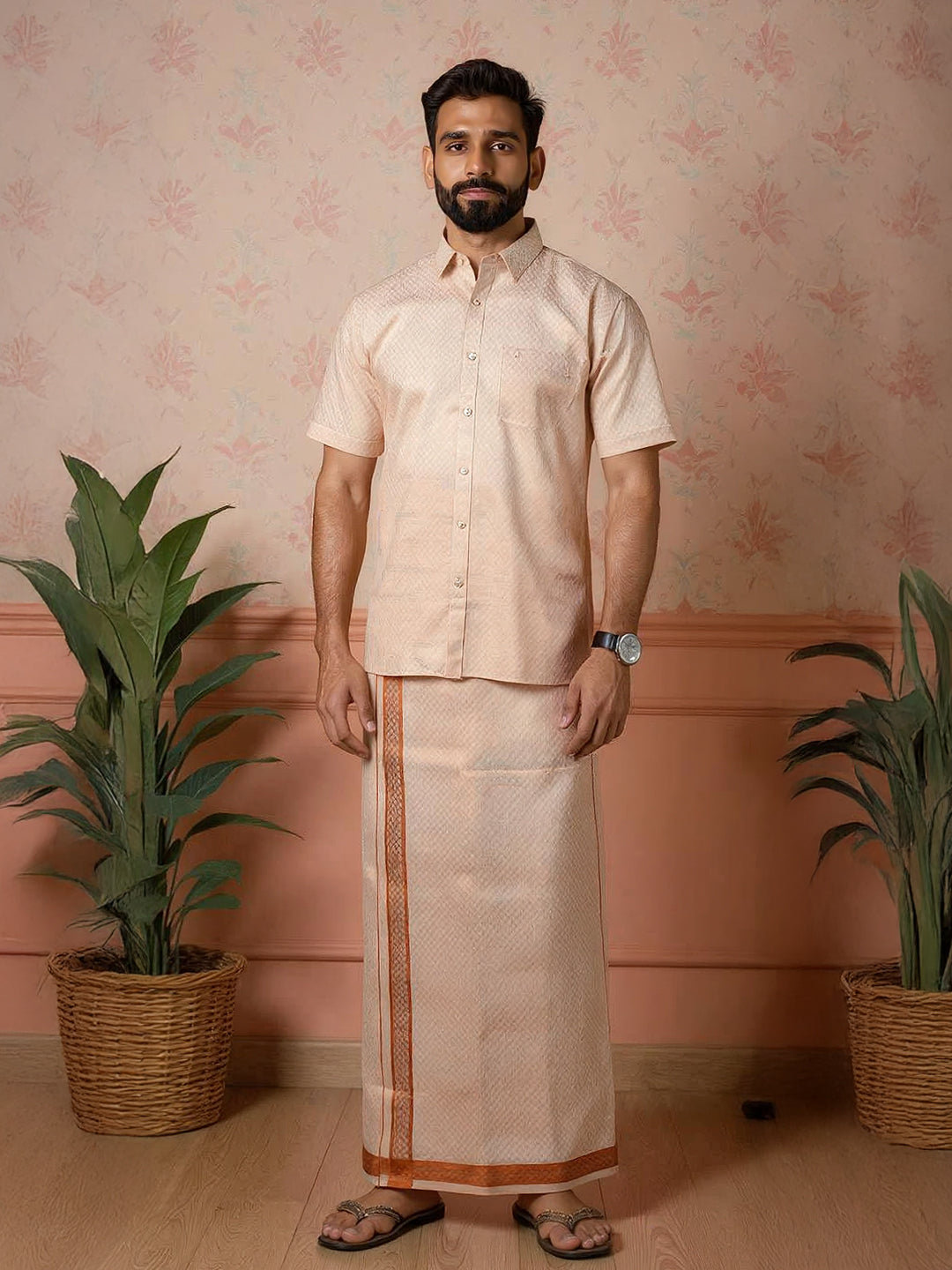 Men Copper Tissue Jacquard Half Sleeves Shirt with Matching Dhoti Set CD12