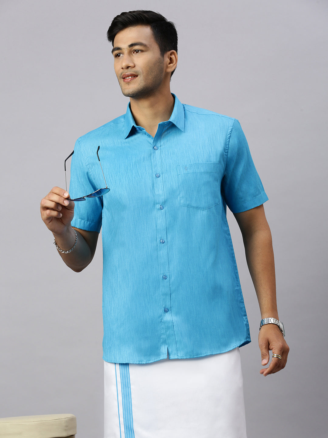 Men Eastern Blue Matching Border Dhoti & Half Sleeves Shirt Set CV5