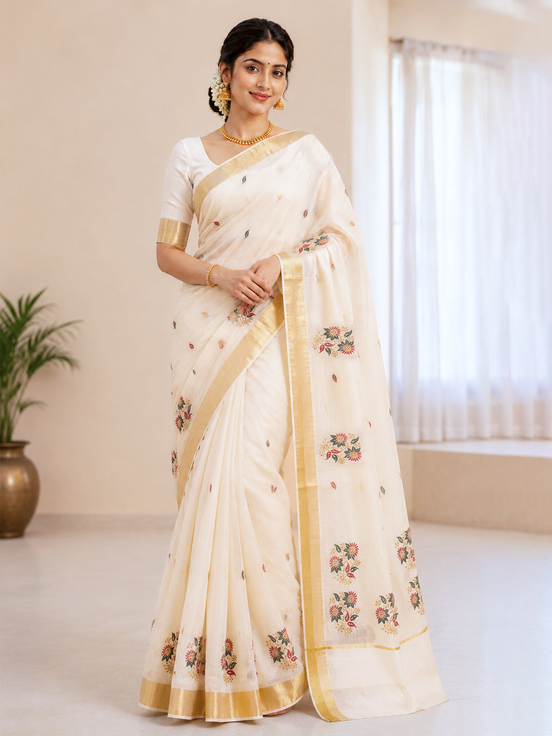Women Kerala Embroidered Cream Saree KLS03