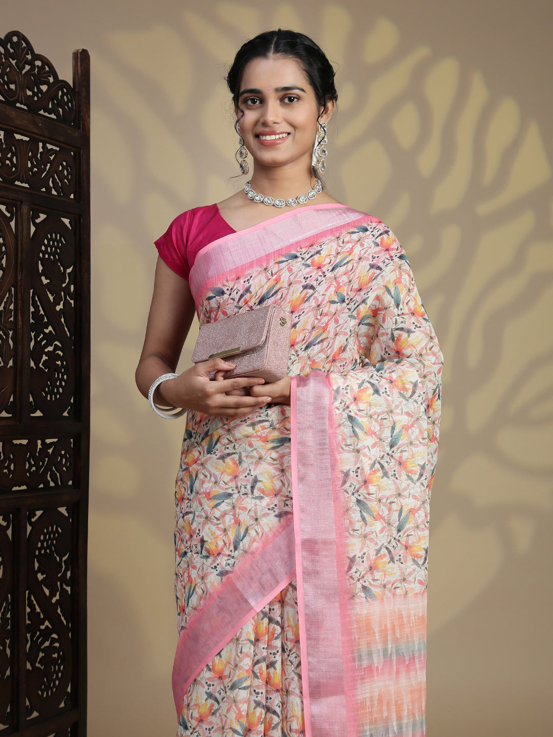 Women Pink Semi Linen Saree SL235