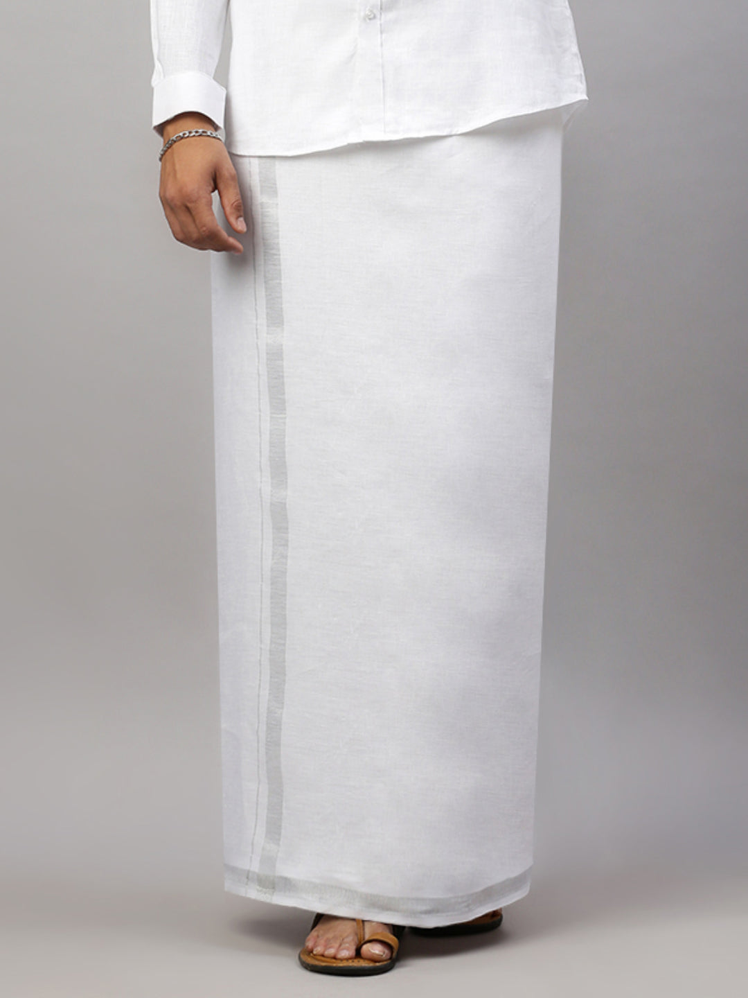 Men Pure Linen Double Layer White Dhoti with Silver Jari Border