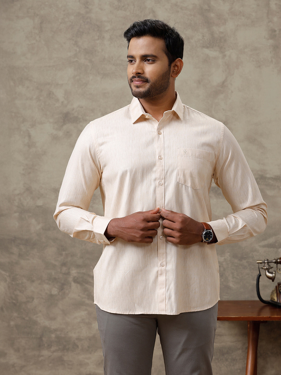 Men Cotton Rich Shirt Light Brown T44 TT1