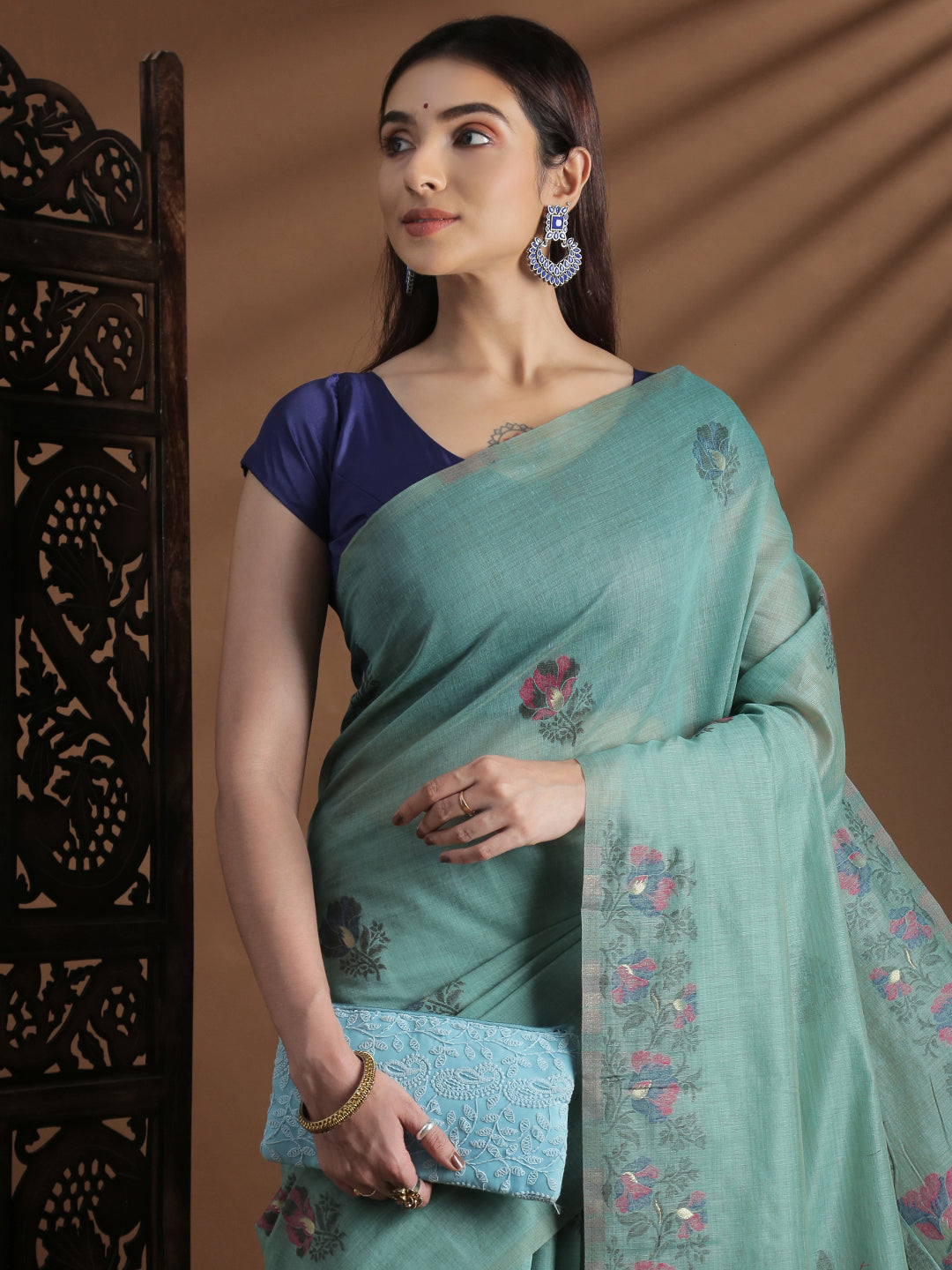 Women Pine Green Cotton Weaving Saree PCS252