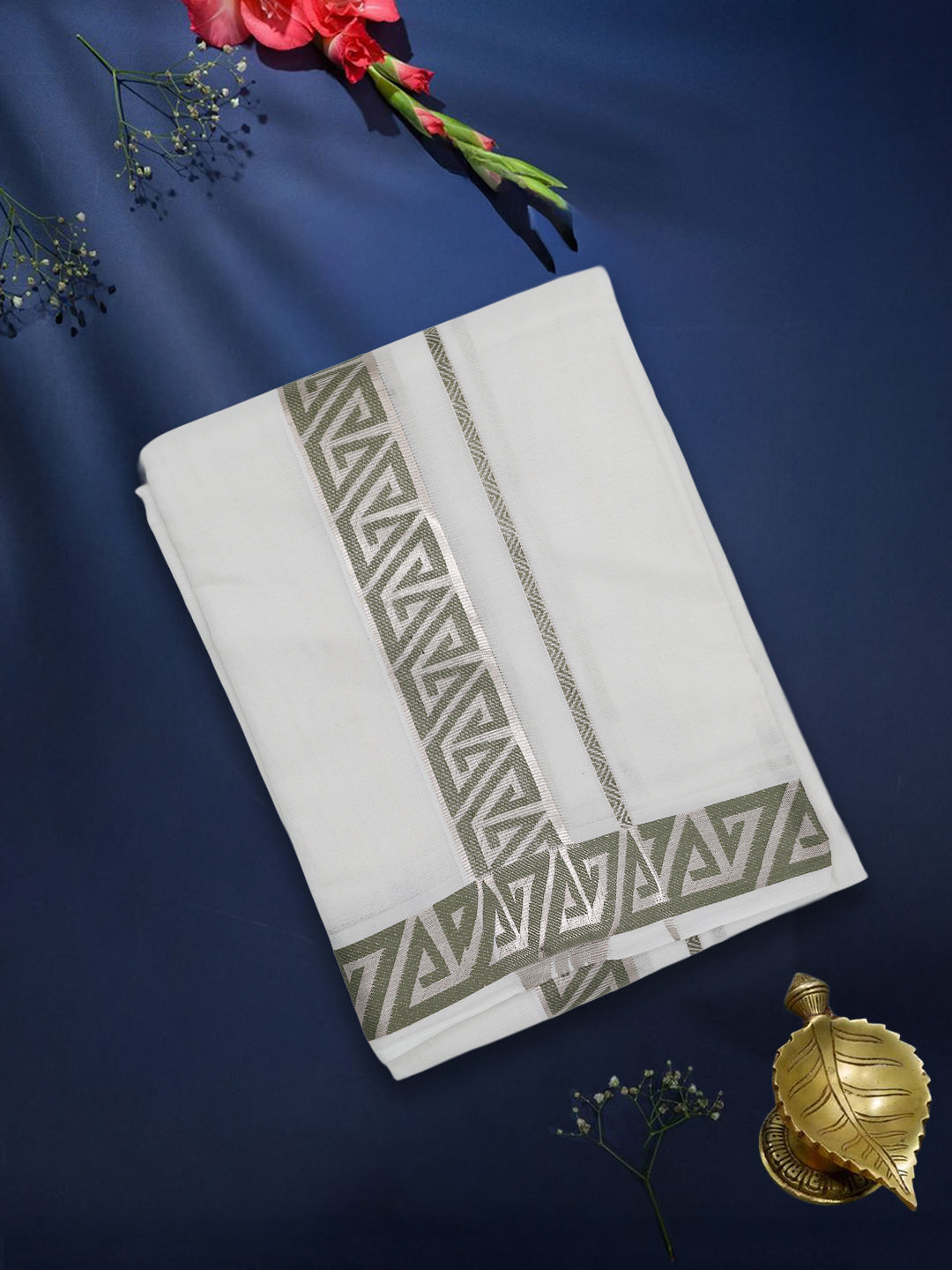 Men Premium Cotton Double Layer White Dhoti with Green Fancy Jari Border Luxury Club LC19