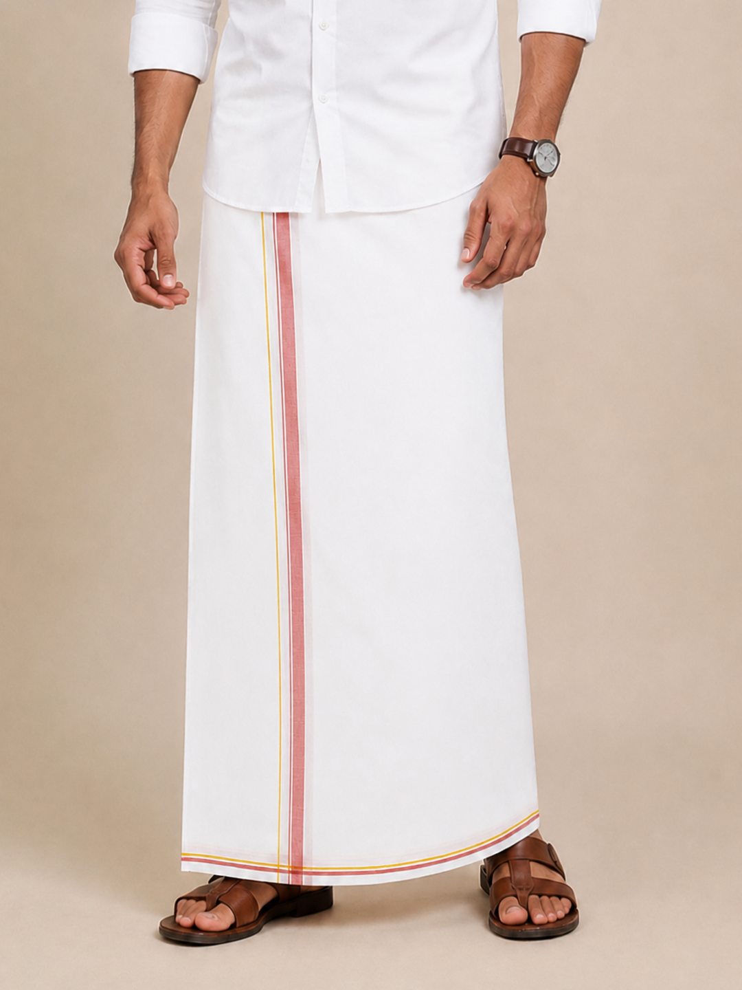 Men 100% Cotton Double Layer White Dhoti with Big Border Property PT01