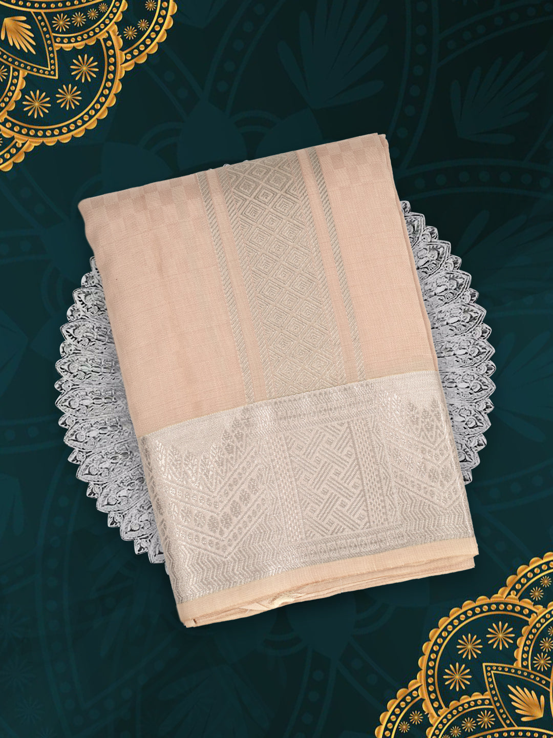 Men Pure Silk Beige Dhoti & Towel Set with 4" inch Silver Jari Border TKC12