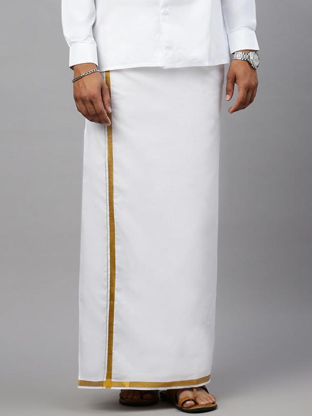 Men Cotton Blend Readymade Double Layer White Dhoti with 3/4" Gold Jari Border M198