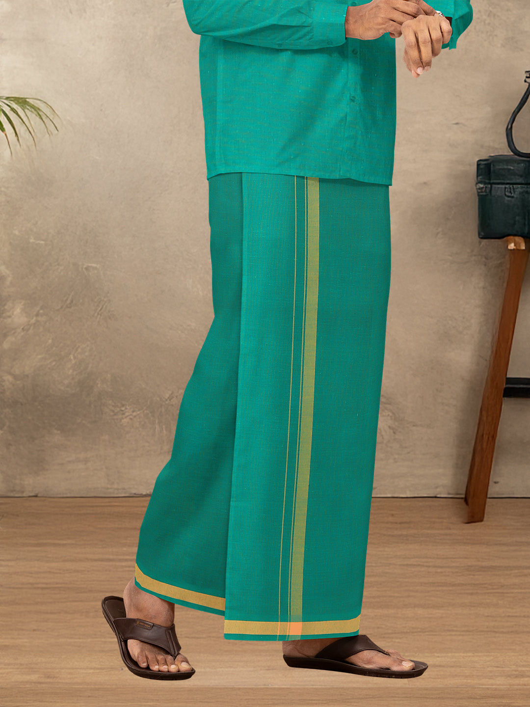 Men Cotton Blend Single Layer Green Dhoti with Fancy Border Enrich Colour 2