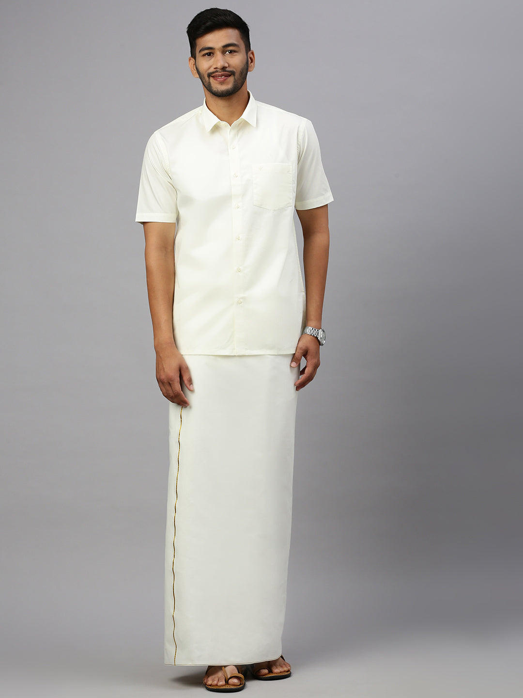 Men 100% Cotton Single Layer Cream Dhoti with Gold Jari Border Smart Nice