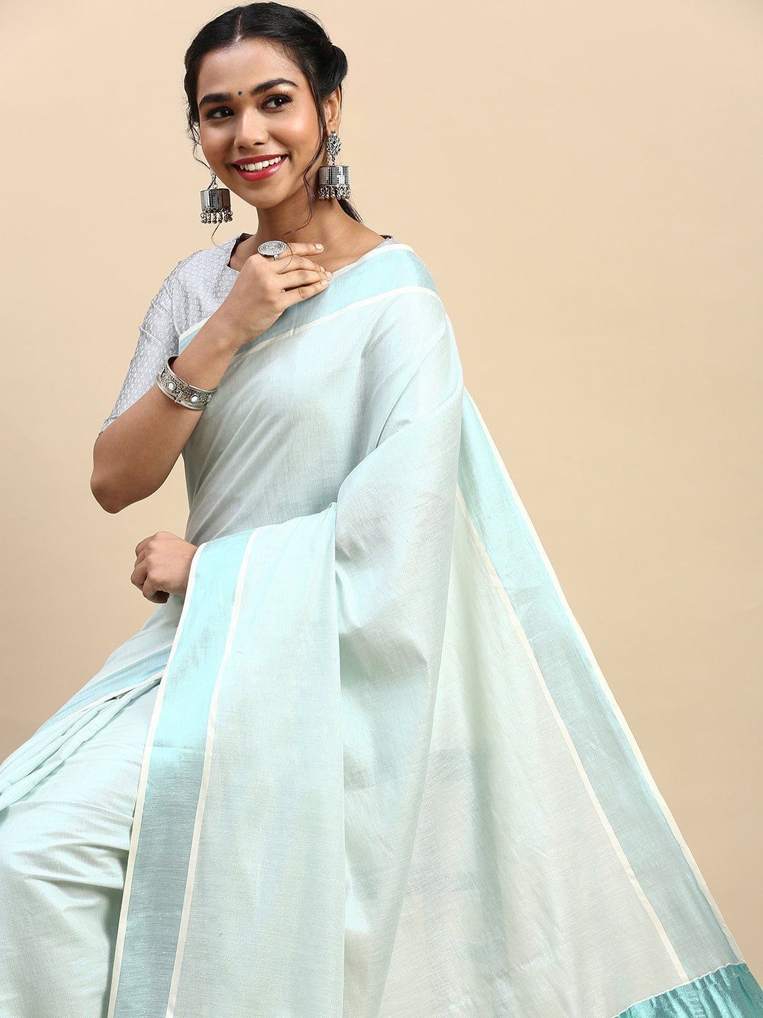 Women Traditional Kerala Tissue Cyan Blue Plain Saree KS217