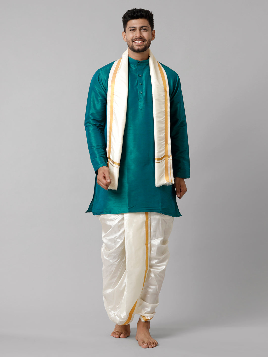 Mens Polyster Dark Green Medium Length Kurta with Art Silk Panchakacham Towel Combo SL04