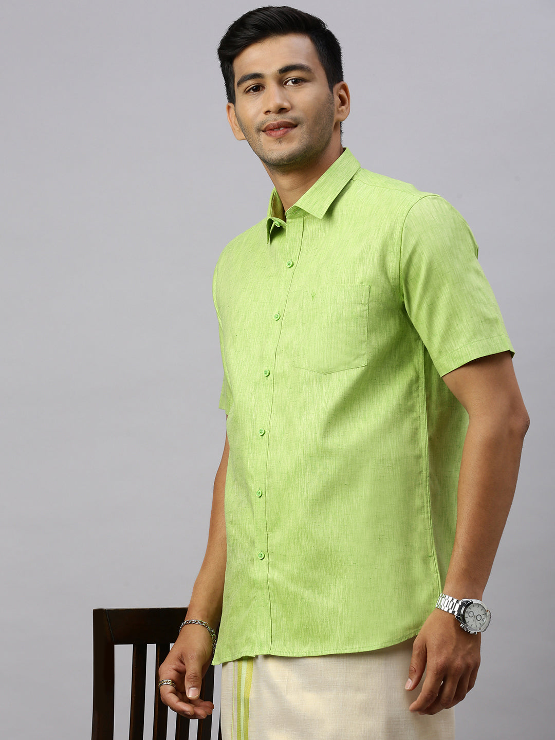 Men Cotton Rich Lite Green Shirt and Tissue Dhoti Set C82