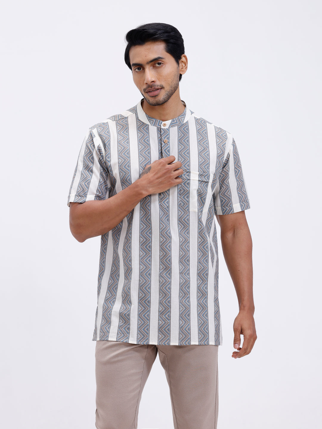 Men Cotton Short Length Printed Pocket Kurta LT Beige OF8