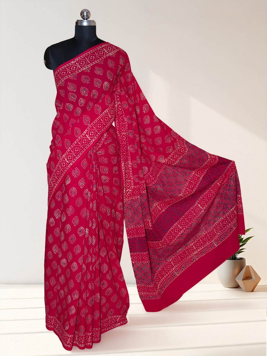Women Cherry Red Soft Cotton Printed Saree SCS167