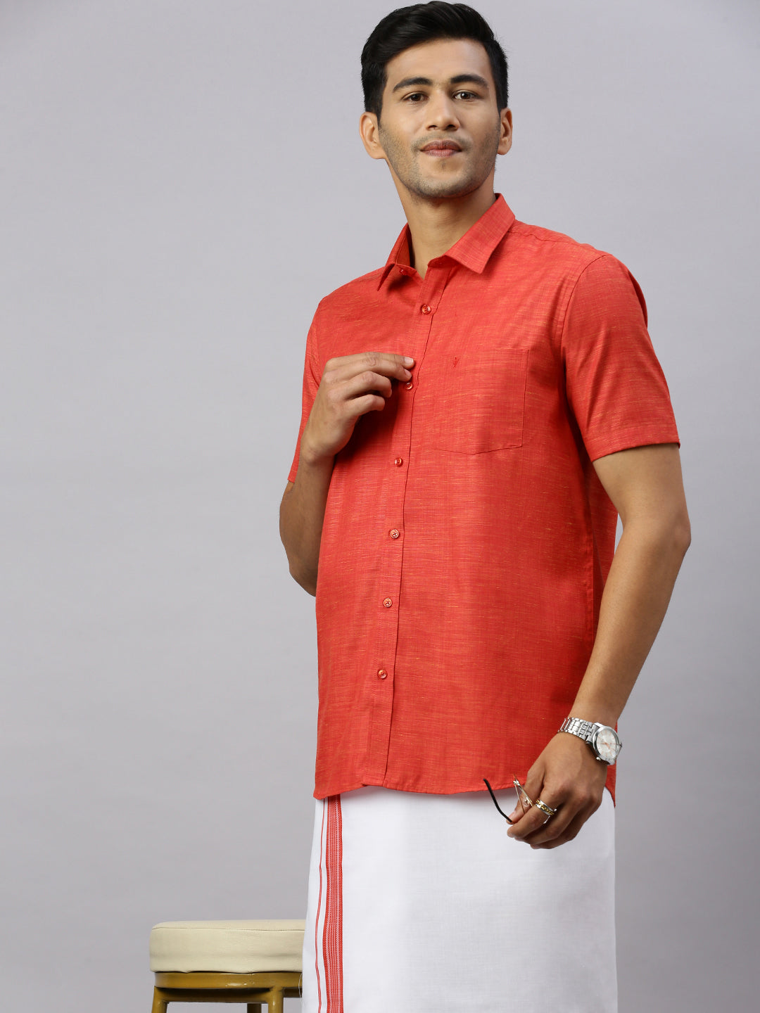 Men Rosewood Red Matching Border Dhoti & Half Sleeves Shirt Set CV4