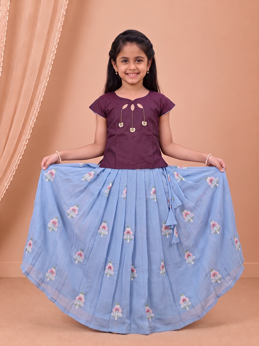 Girls Art Silk Dark Purple with Blue Pattu Pavadai Set GPS81