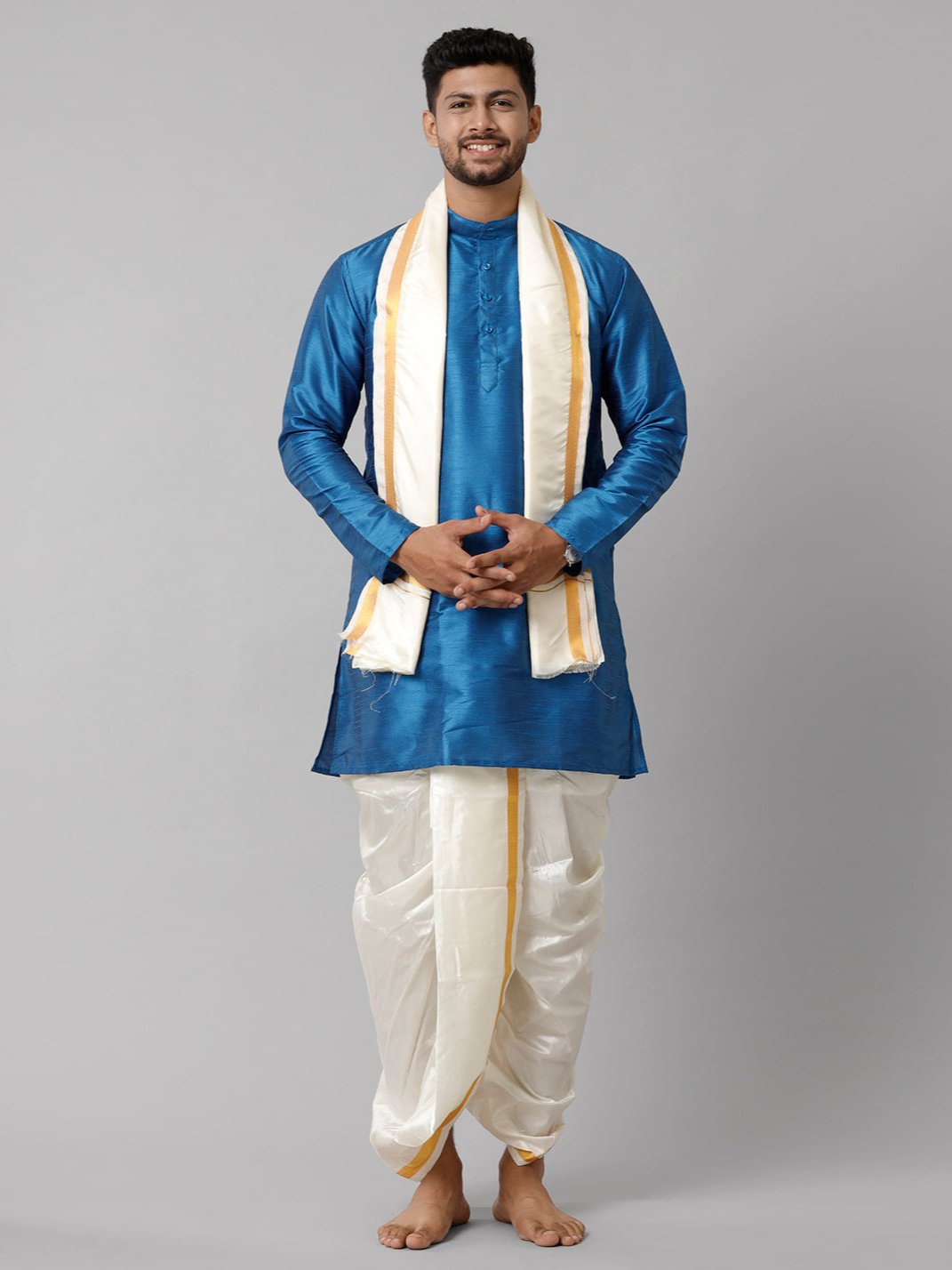 Mens Polyster Blue Medium Length Kurta with Art Silk Panchakacham Towel Combo SL01