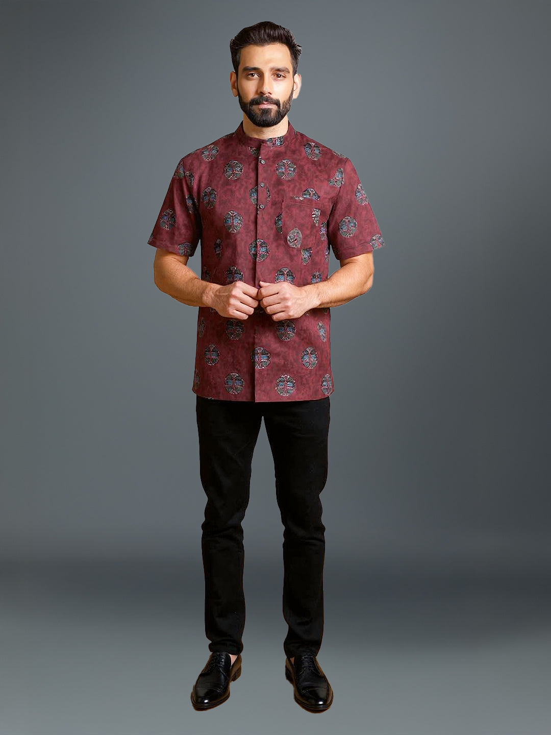 Men Cotton Short Length Printed Pocket Kurta Reddish Brown OE11