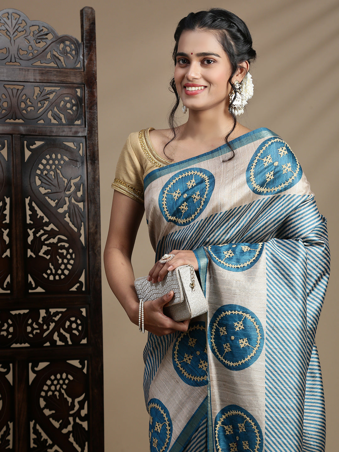 Women Blue with Brown Semi Raw Silk Embroidered Saree SRS113