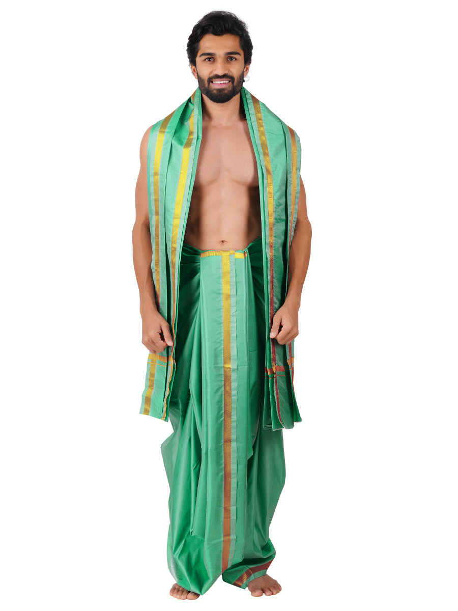 Mens Art Silk Panchakacham with Angavastram Sankaranthi Gold 50K (9+5) Light Green