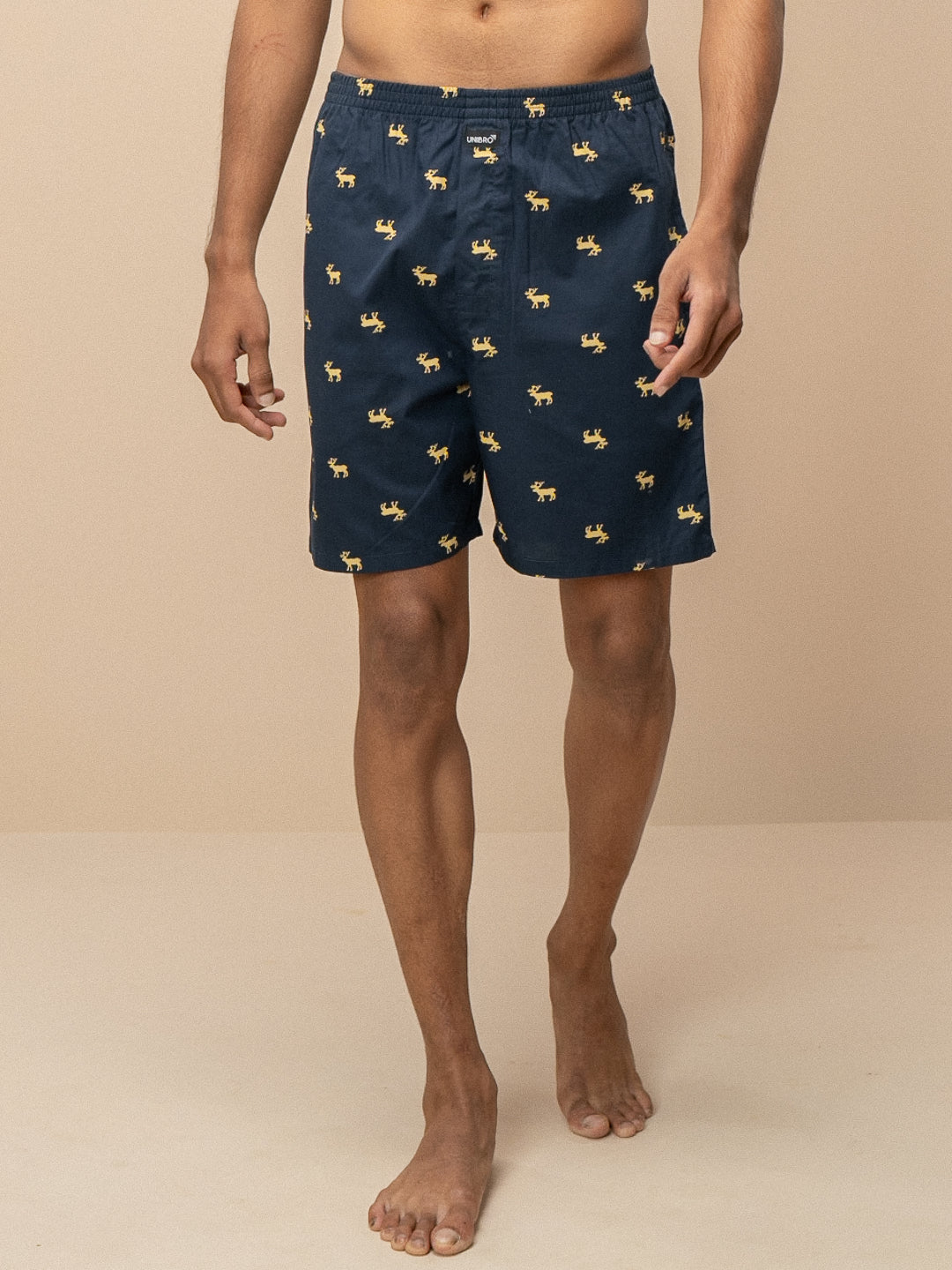 Men 100% Combed Cotton Navy Blue Woven Printed Boxer Long Shorts WB52