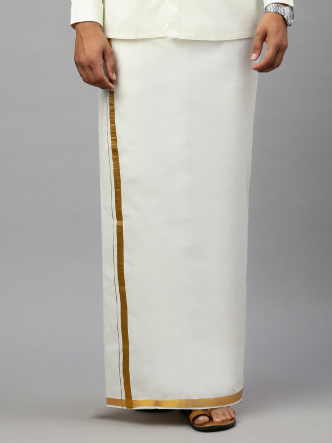 Men Cotton Blend Readymade Double Layer Cream Dhoti with 3/4" Gold Jari Border C498