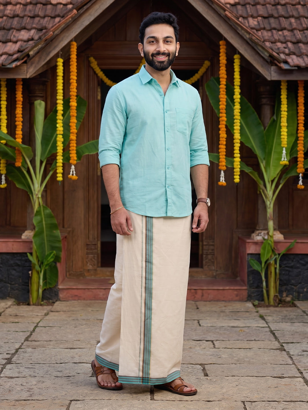 Double Layer 100% Cotton Cream Kora Dhoti with Colour Jari Border - SSJ02