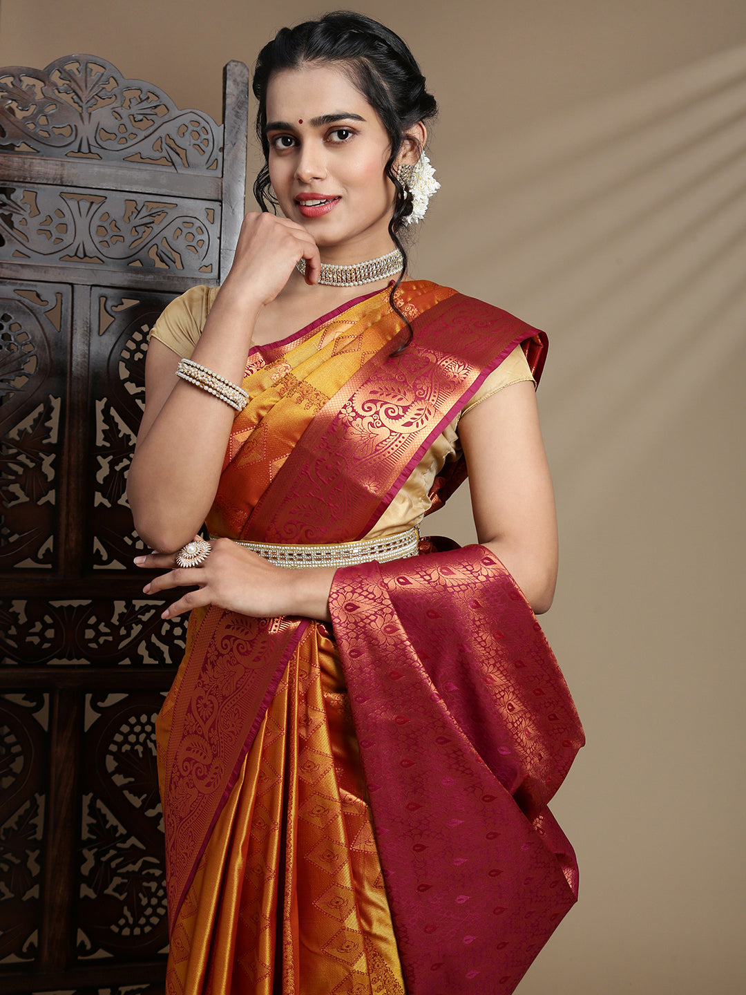 Women Golden Art Silk Saree ASS117