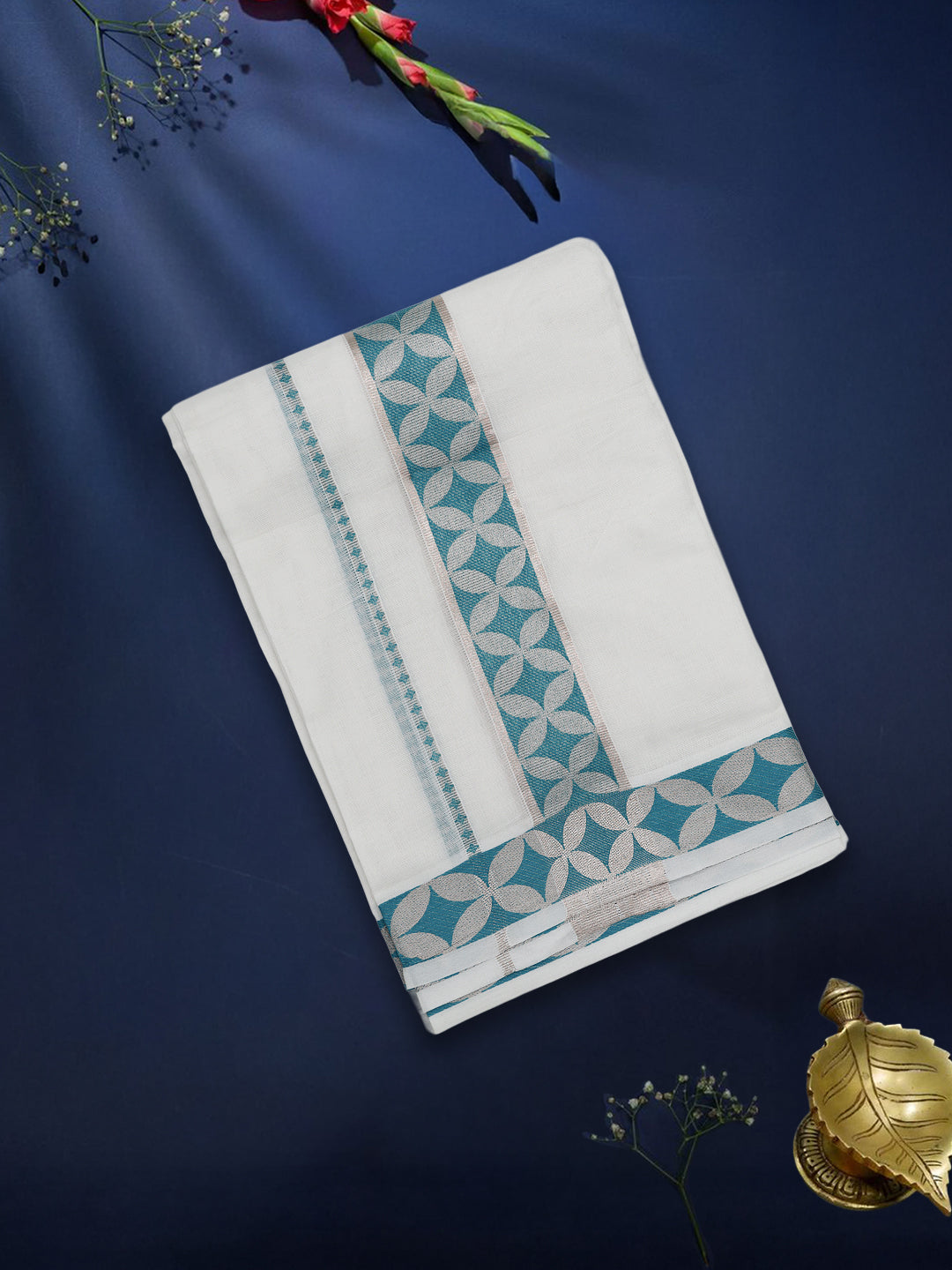 Men Premium Cotton Double Layer White Dhoti with Blue Fancy Jari Border Luxury Club LC17