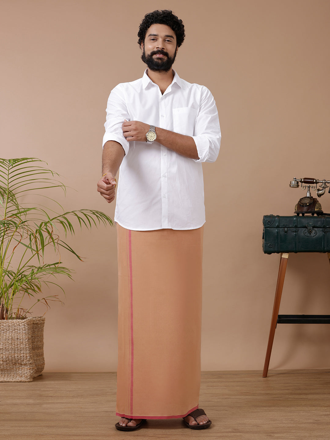 Men Cotton Blend Single Layer Kaavi Dhoti with Assorted Border Enrich Colour 7