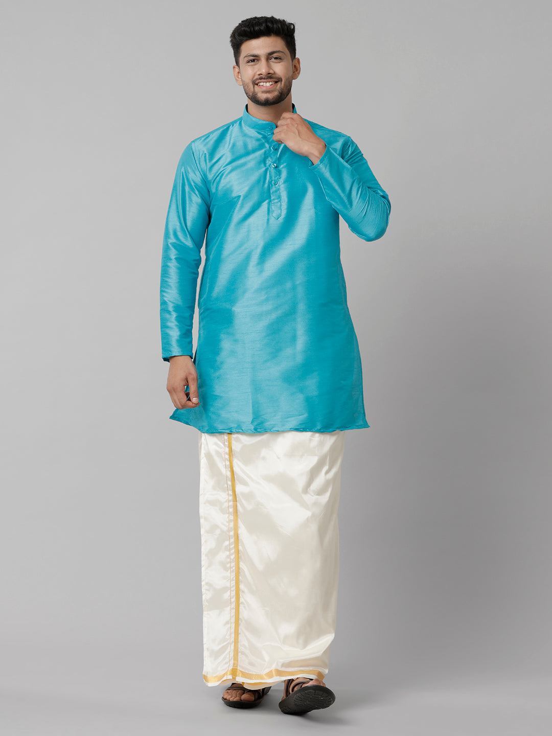 Mens Polyster Sky Blue Medium Length Kurta with Art Silk Jari Dhoti Combo SL02