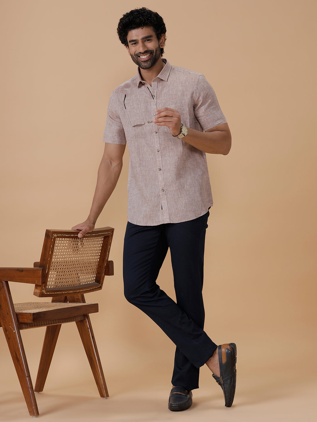 Men Pure Linen Woody Brown Shirt L49