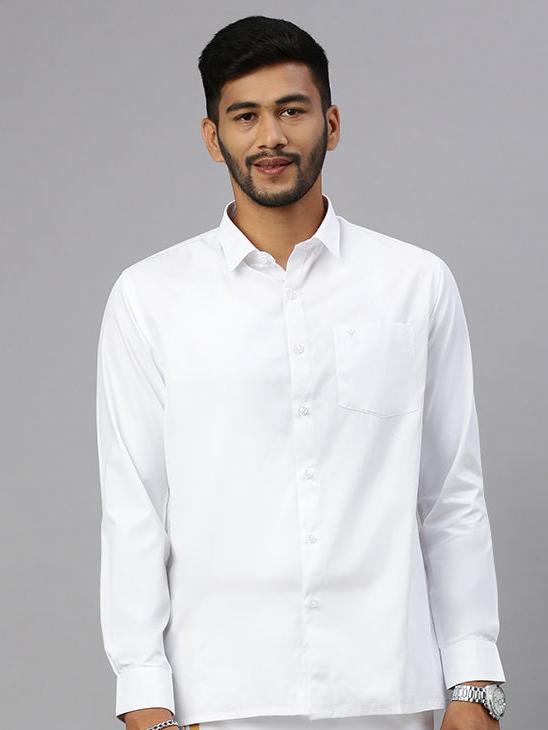 Men White Full Sleeves Shirt with 3/4'' inch Gold Jari Border Double Layer Dhoti Combo